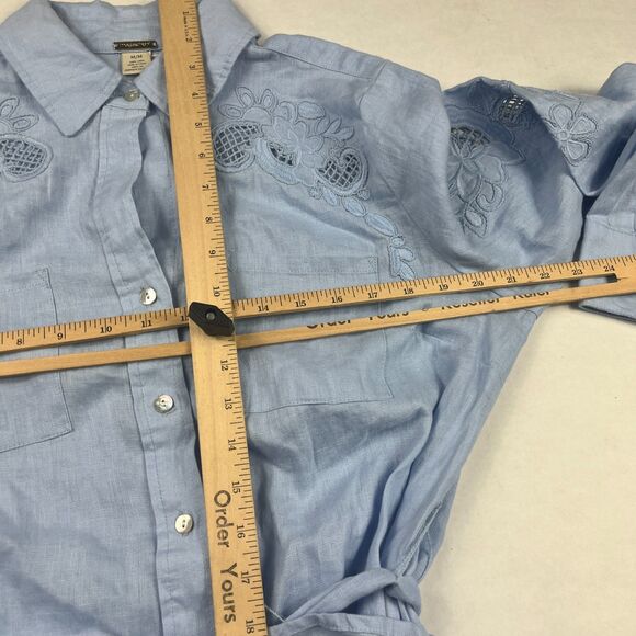 Magaschoni Linen Button Shirt Dress Blue Tie Waist Long Sleeve Embroidered M - Picture 7 of 9